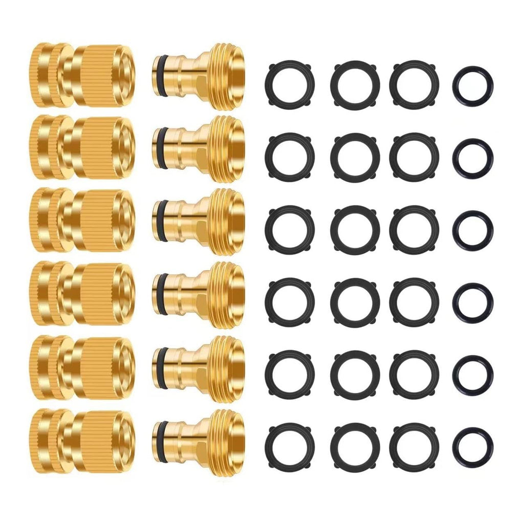 FRQNTKPA Garden Hose Quick Connector, No-Leak 3/4 Inch GHT Thread Fitting Water Hose Female Adapter and Male Adapter, Heavy-Duty Rust Resistant Brass Water Pipe Connect, Easy to Use (6 Pack ）