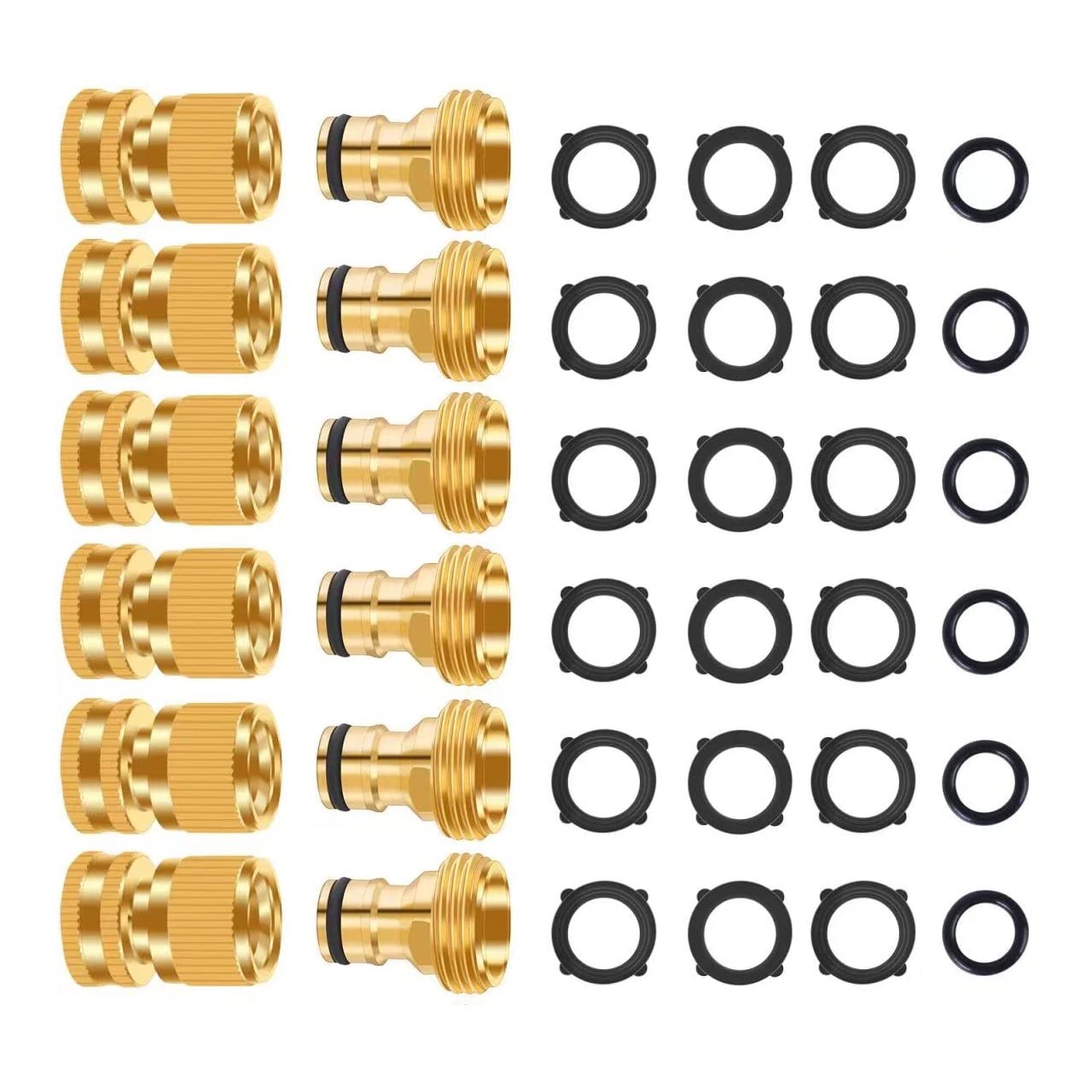 FRQNTKPA Garden Hose Quick Connector, No-Leak 3/4 Inch GHT Thread Fitting Water Hose Female Adapter and Male Adapter, Heavy-Duty Rust Resistant Brass Water Pipe Connect, Easy to Use (6 Pack ）