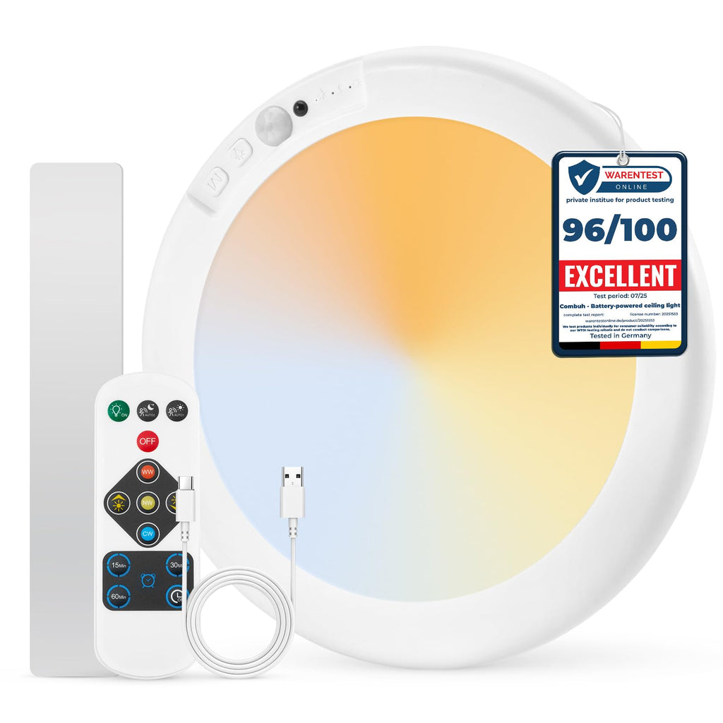 Combuh Round Rechargeable Shower Lights Waterproof 85 Day Battery Powered, 19CM Battery Operated Ceiling Light with Remote Stick on Inside No Electricity Needed LED Wireless Lamp for Hallway Closet