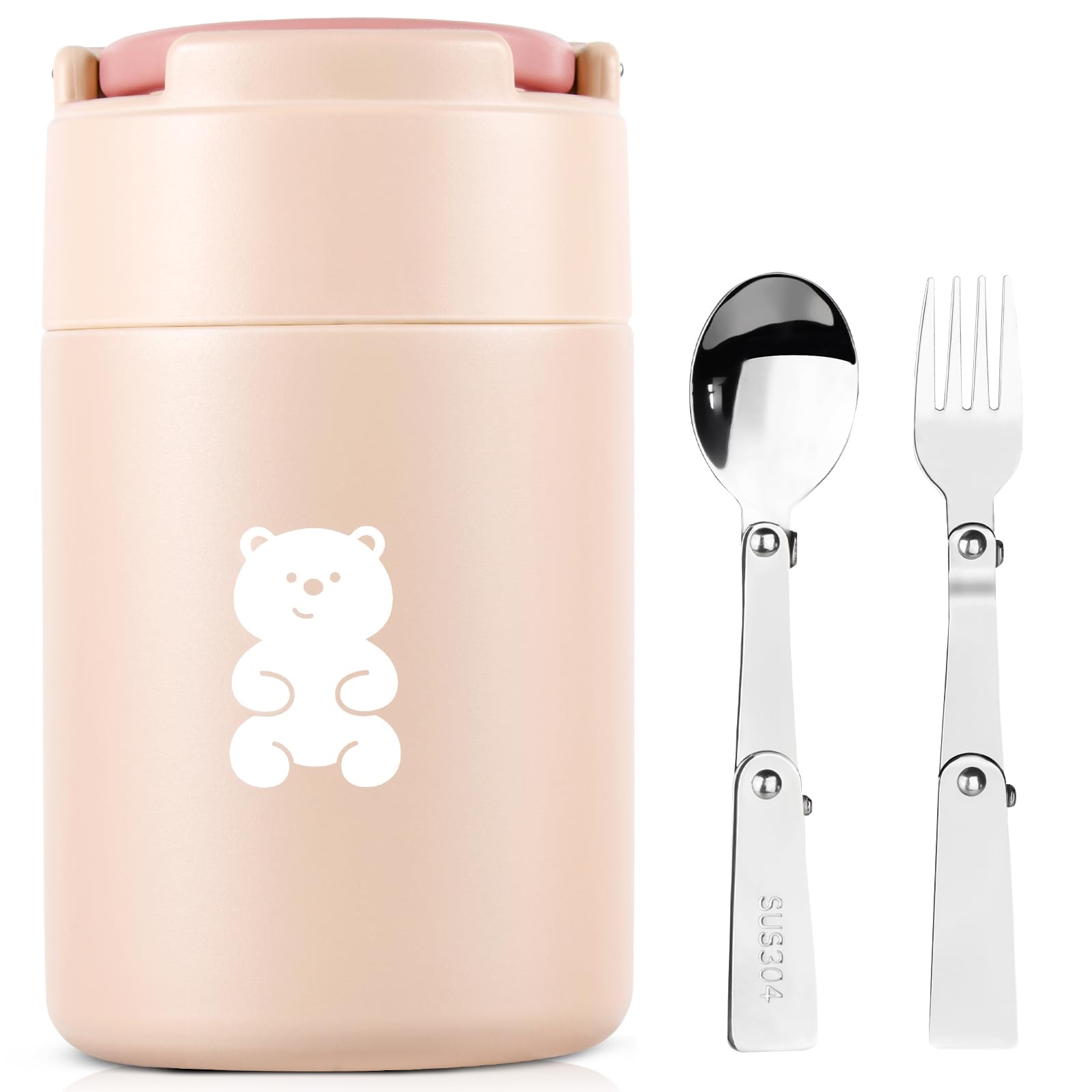 Thermo Food Container - 600ML Insulated Lunch Box with Foldable Fork& Spoon, Leak Proof Food Thermo, Portable Wide Mouth Soup Container for Outdoors, Indoors, Office, Picnic (Pink)