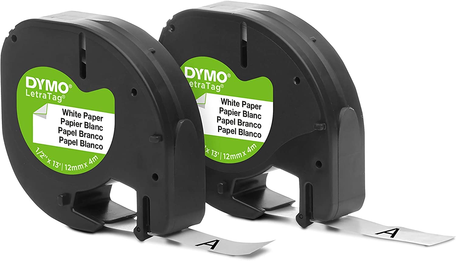 Dymo 10697 Self-Adhesive White Paper Labeling Tape for LetraTag, 2 Blister Packs (4 Refills), Black on White, 1/2-Inch Wide x 13 Feet Long