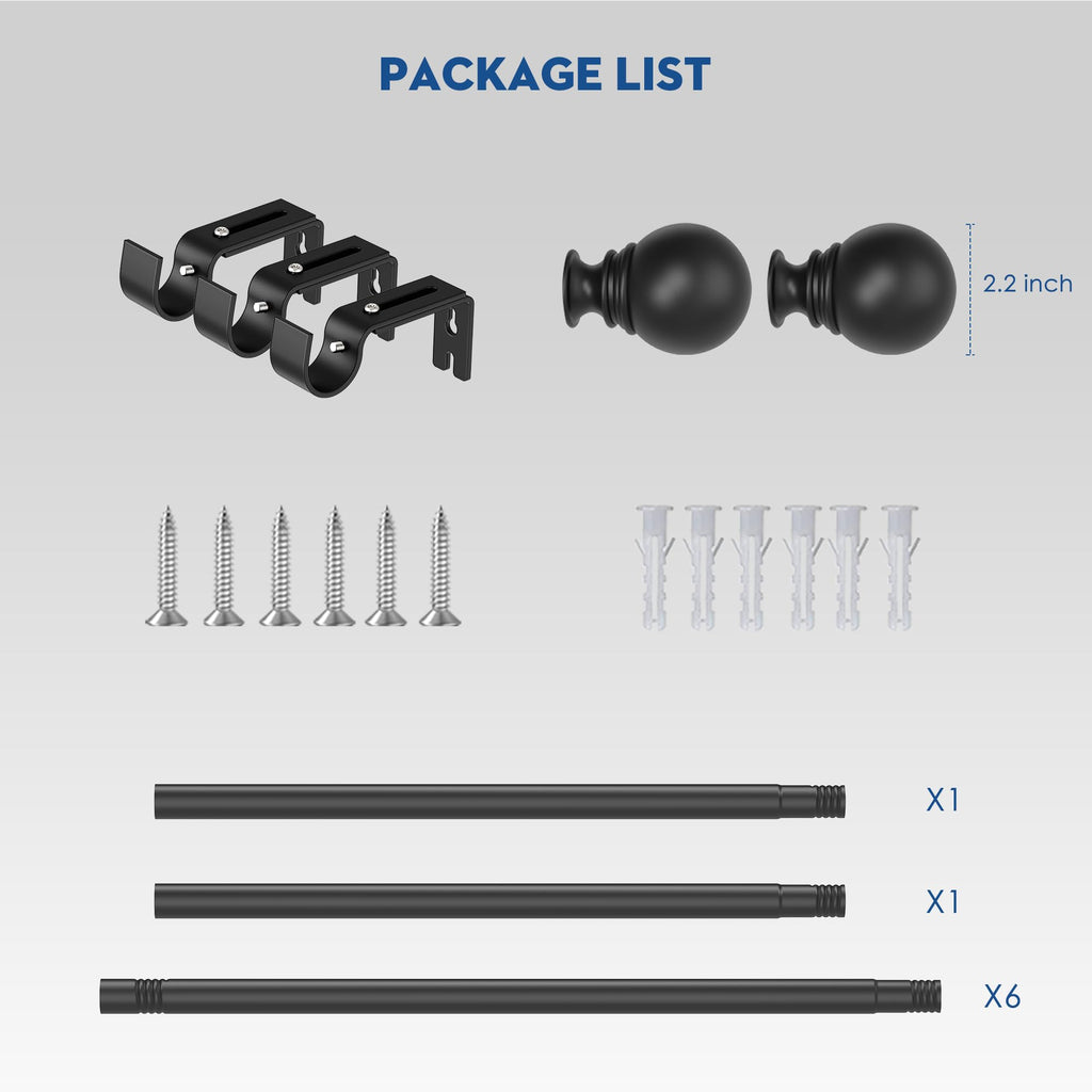 Black Curtain Rod for Windows 66 to 120 inch, Adjustable 1 inch Diameter Heavy Duty Long Curtain Rods with 3 Brackets for Bedroom, Sliding Glass Doors, Outdoor, Patio (168-305 cm)