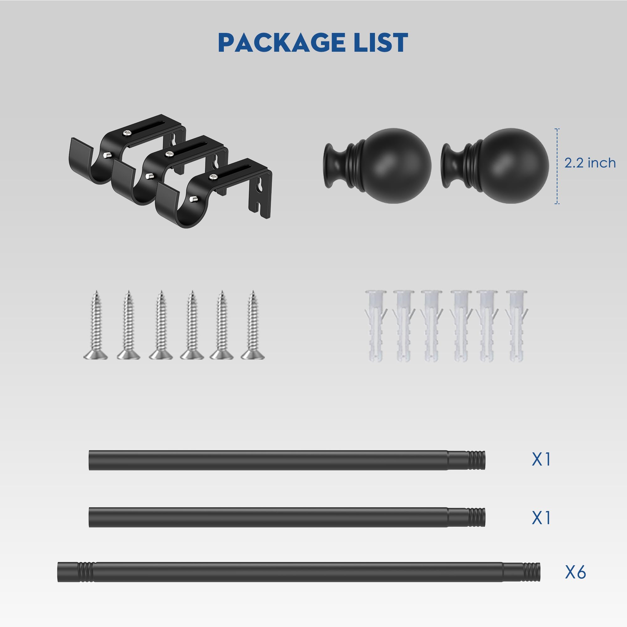 Black Curtain Rod for Windows 66 to 120 inch, Adjustable 1 inch Diameter Heavy Duty Long Curtain Rods with 3 Brackets for Bedroom, Sliding Glass Doors, Outdoor, Patio (168-305 cm)