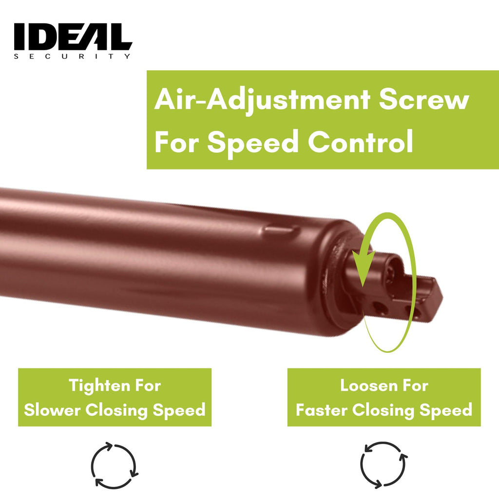 Ideal Security Model 9 Standard Duty Pneumatic Storm and Screen Door Closer, 10.5" L x 1.25" W x 1.25" H, Adjustable Speed, Smooth Closing for Lightweight to Medium Doors, Easy Install, Brown