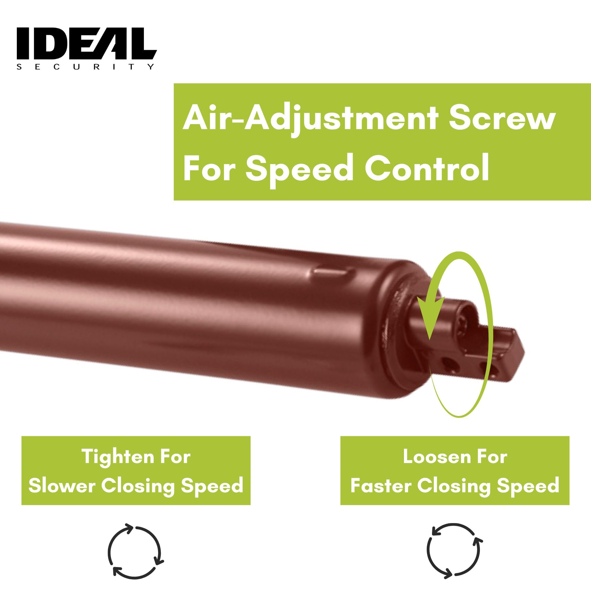 Ideal Security Model 9 Standard Duty Pneumatic Storm and Screen Door Closer, 10.5" L x 1.25" W x 1.25" H, Adjustable Speed, Smooth Closing for Lightweight to Medium Doors, Easy Install, Brown