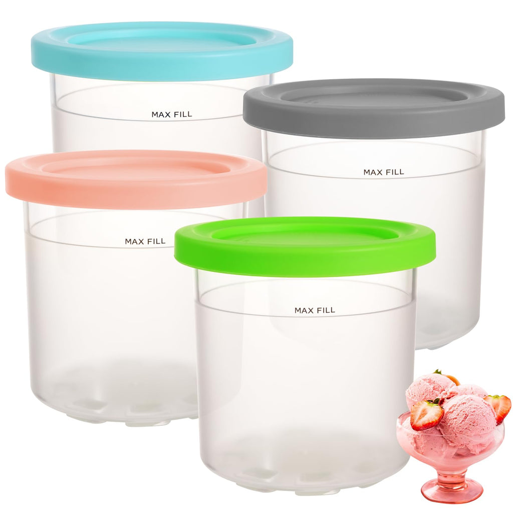 GKAKITSP 4 Pack Pints Containers and Lids Compatible with Ninja NC299 NC300 NC301 CREAMi Ice Cream Maker, BPA-Free & Dishwasher Safe, 4 Colors