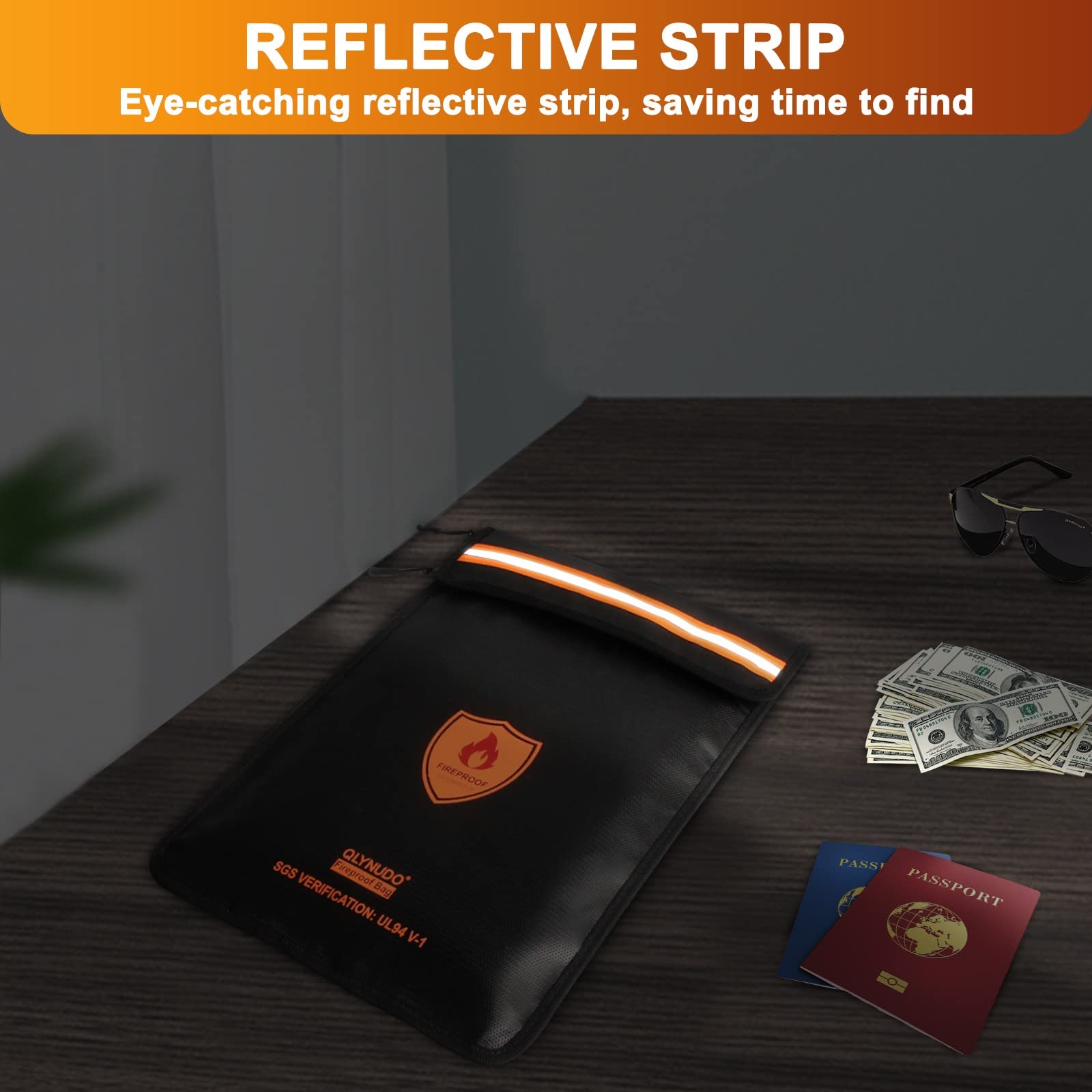 Fireproof Bag - Waterproof Document Bag with Zipper for Cash/important Documents/valuables (seal Protection), 15x11" (a4 Size), Fire Proof Pouch with Reflective Strip