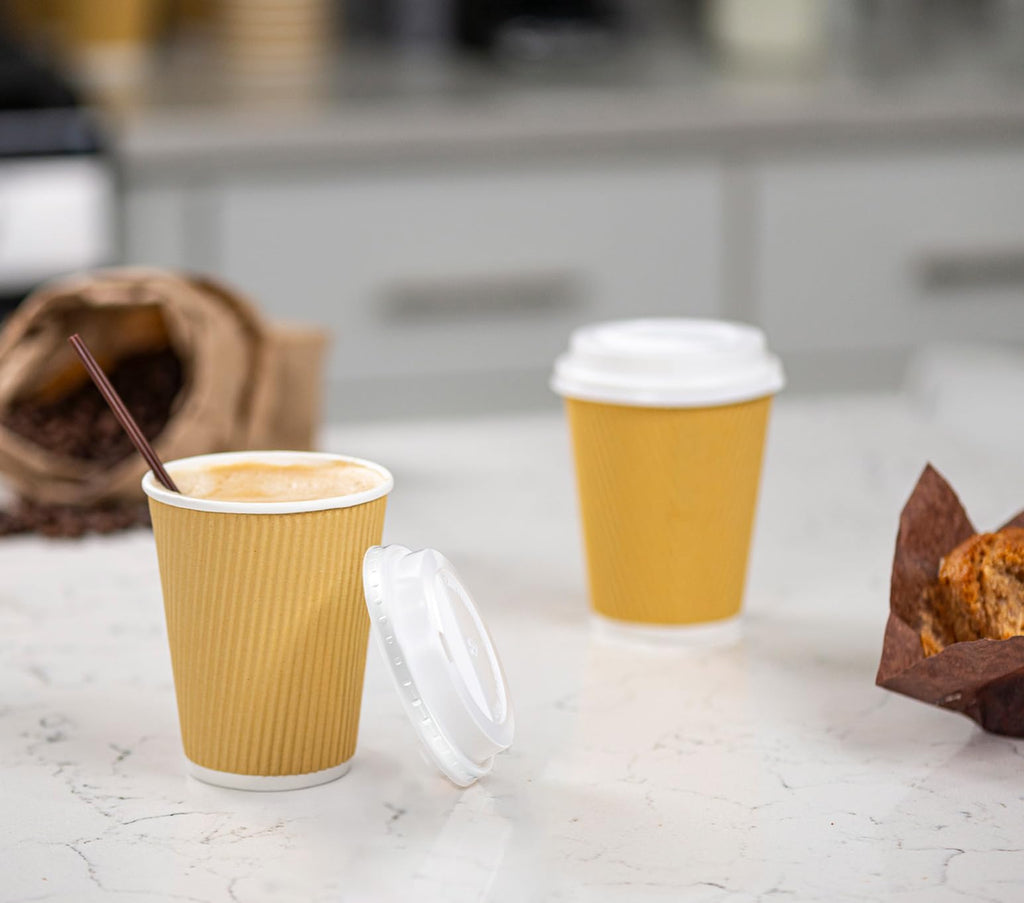 GUSTO [12 oz. - 50 Sets] Insulated Kraft Ripple Paper Hot Cups, Disposable Coffee Cups with Lids - Ideal for Hot Beverages, Travel, and Office Use - Formerly Comfy Package