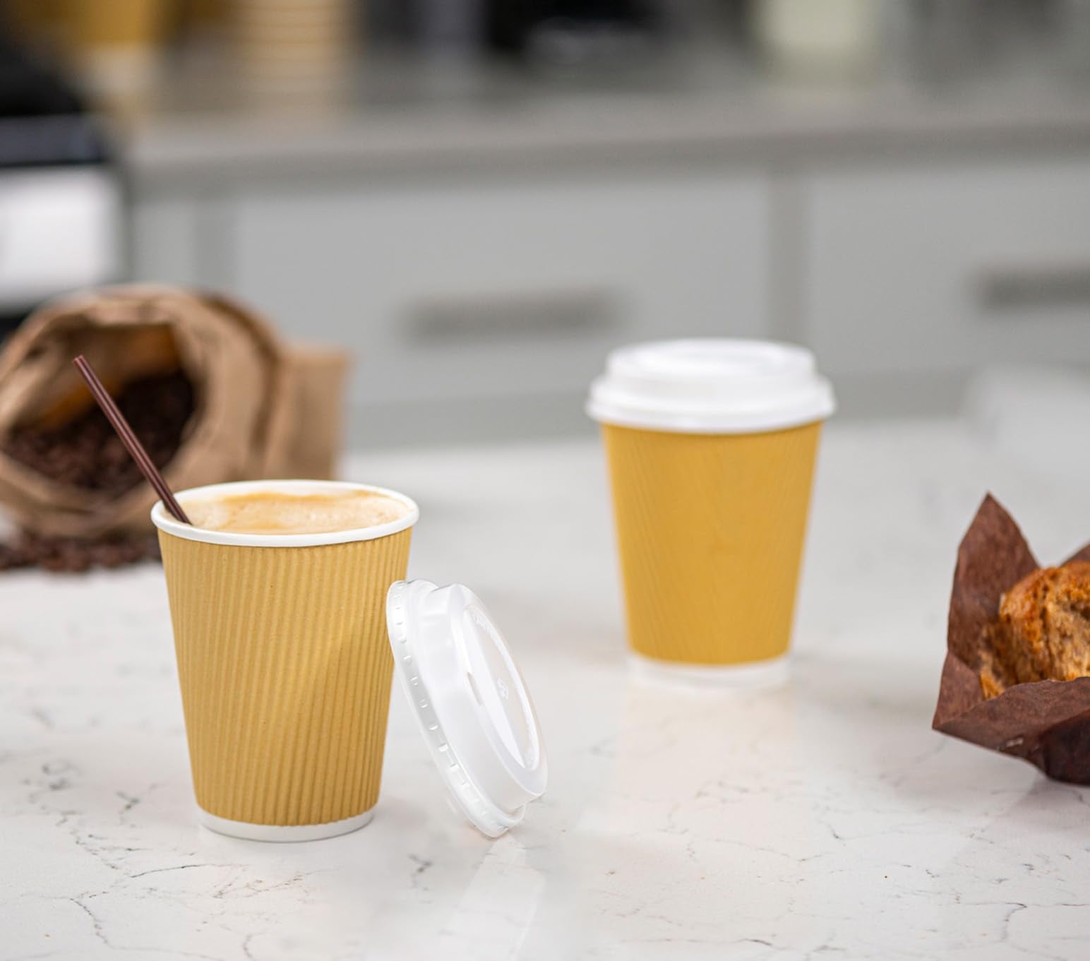 GUSTO [12 oz. - 50 Sets] Insulated Kraft Ripple Paper Hot Cups, Disposable Coffee Cups with Lids - Ideal for Hot Beverages, Travel, and Office Use - Formerly Comfy Package