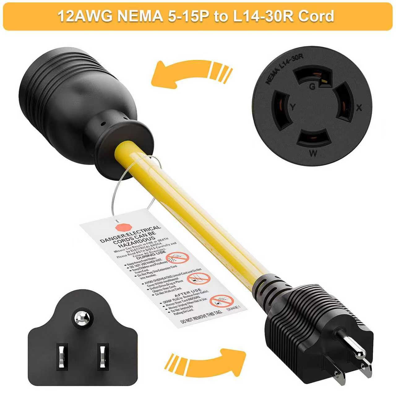 Nema 5-15P to L14-30R Power Adapter Cord, Household 15Amp to Generator Lock in 30Amp Adapter Cord, STW 10AWG Length= 1Foot