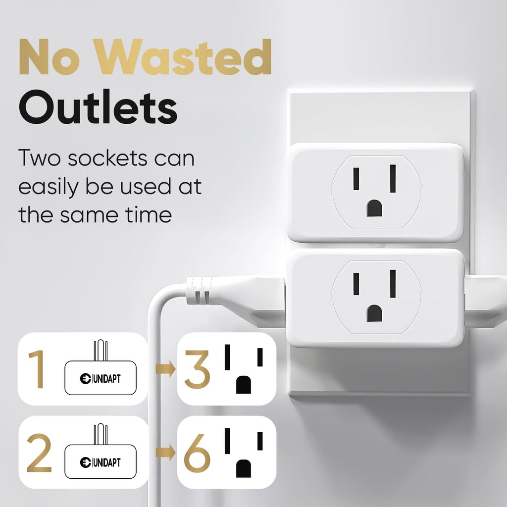 Unidapt 3 Outlet Multi Plug Wall Adapter, Multiple Outlet Splitter, Extender Grounded Wall Power Bar Plug Expander for Cruise Ship Home Office Dorm Essentials, 2-Pack (WSL-05)