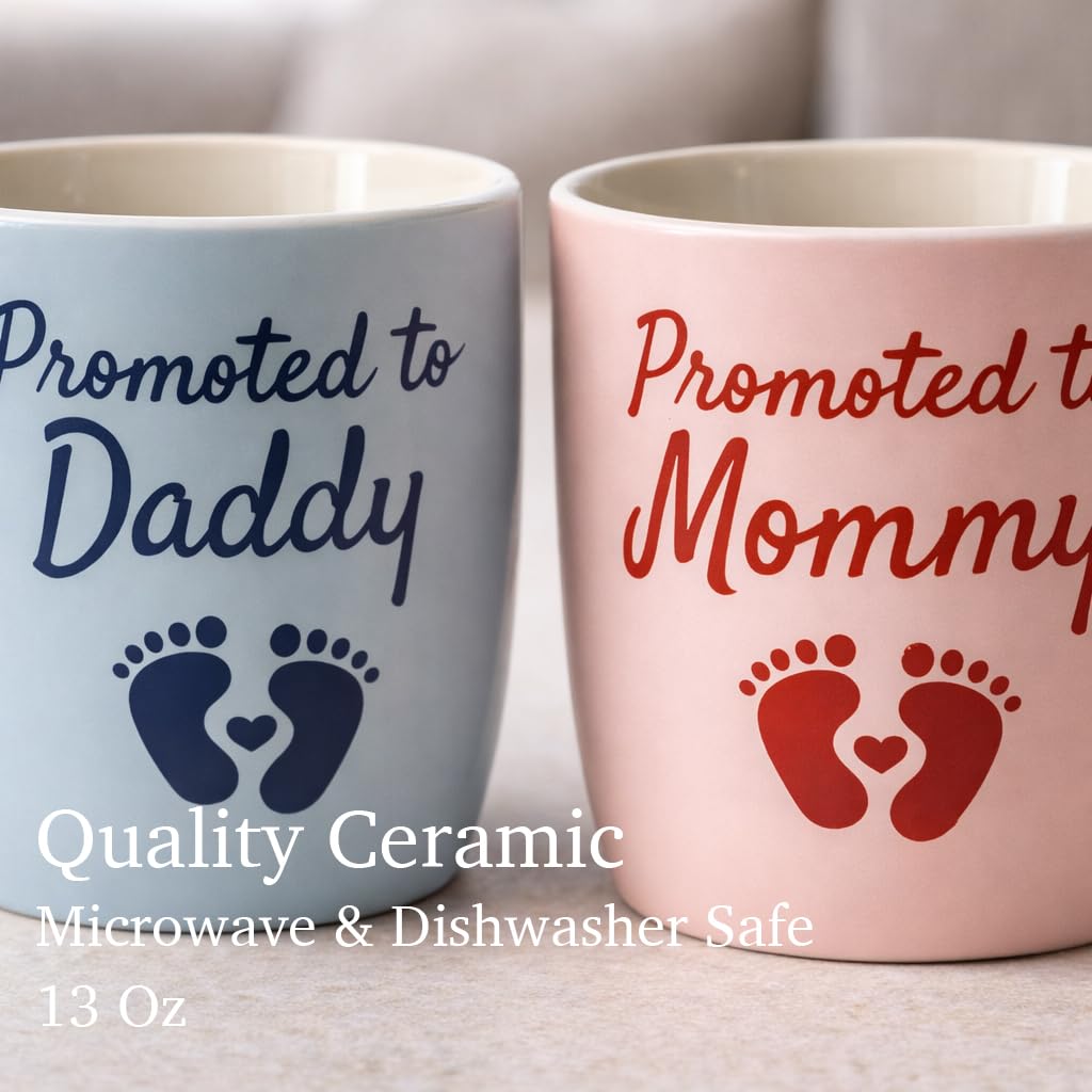 Triple Gifffted Promoted to Mommy and Daddy Coffee Mugs Set, Pregnancy Announcement Gifts for New Parents, Baby Reveal, Baby Shower, First Time Mom Dad Gift, Christmas Day Surprise, 13oz Ceramic