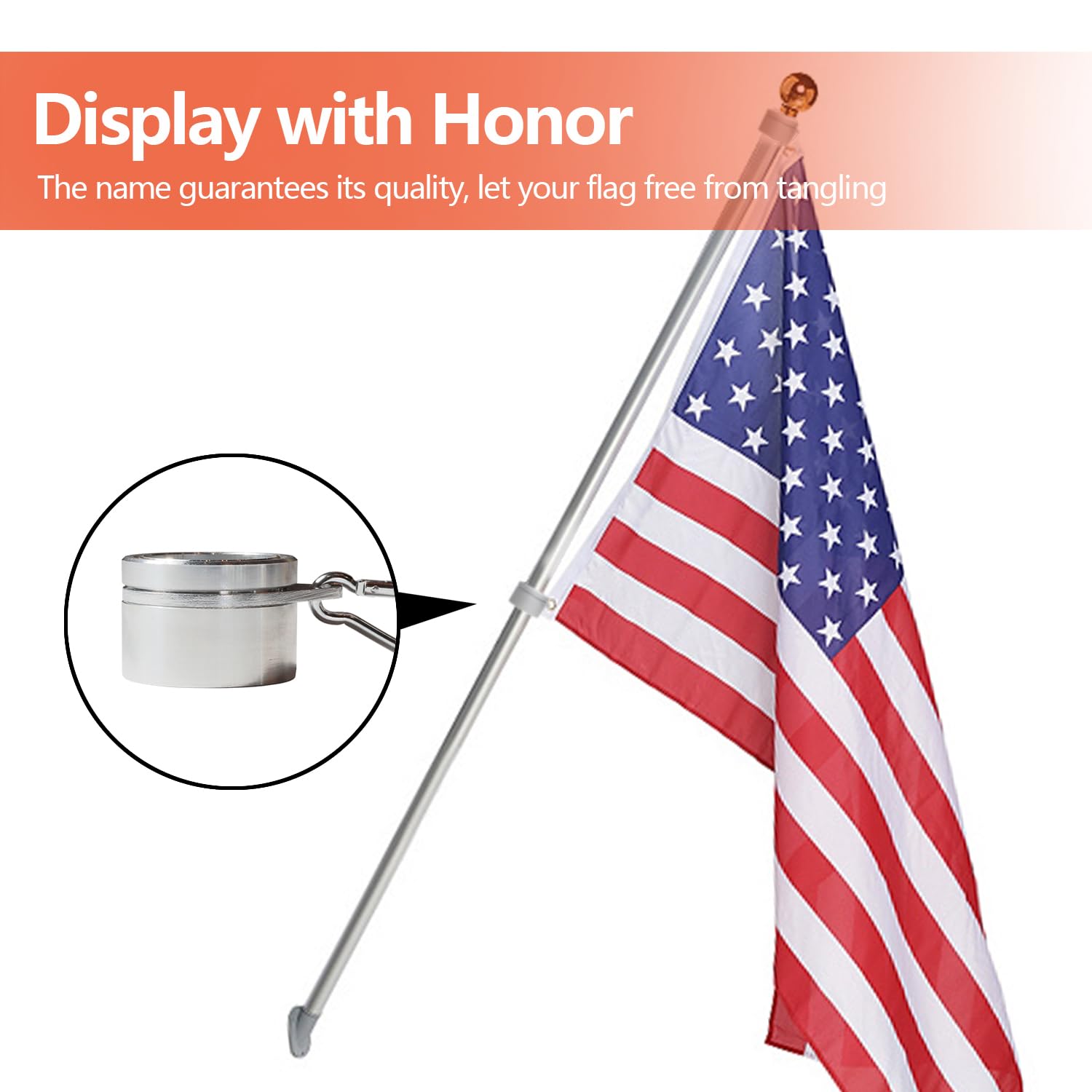 Anley 1.25" Aluminum Flagpole Mounting Rings Set - Anti Wrap 360° Rotatable Ring with Carabiners - Ideal for 1-1/4 Inch Diameter Flag Pole & Flag with 2 Grommets (Silver, Pack of 2)