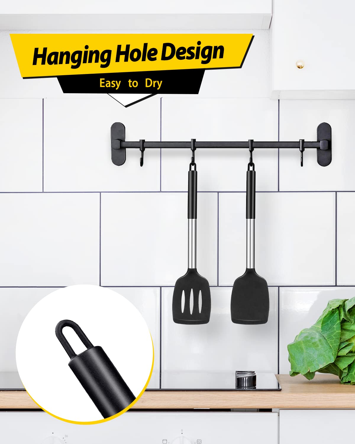 Pack of 2 Silicone Slotted Spatula,Non Stick Solid Kitchen Turner, High Heat Resistant BPA Free Cooking Utensils for Fish, Eggs, Pancakes（Black