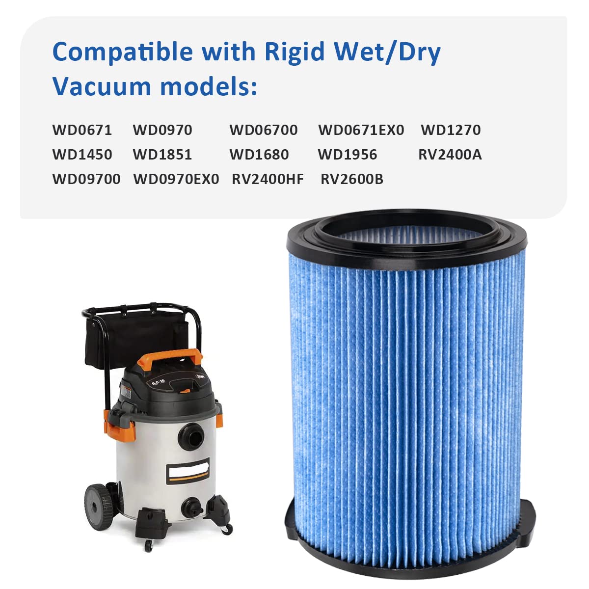 WuYan Replacement VF5000 Filter,for Ridgid 6-20 Gallon Wet Dry Vacuums,fits WD1450 WD0970 WD1270 WD09700 WD06700 WD1680 WD1851 RV2400A WD1270 WD1956.