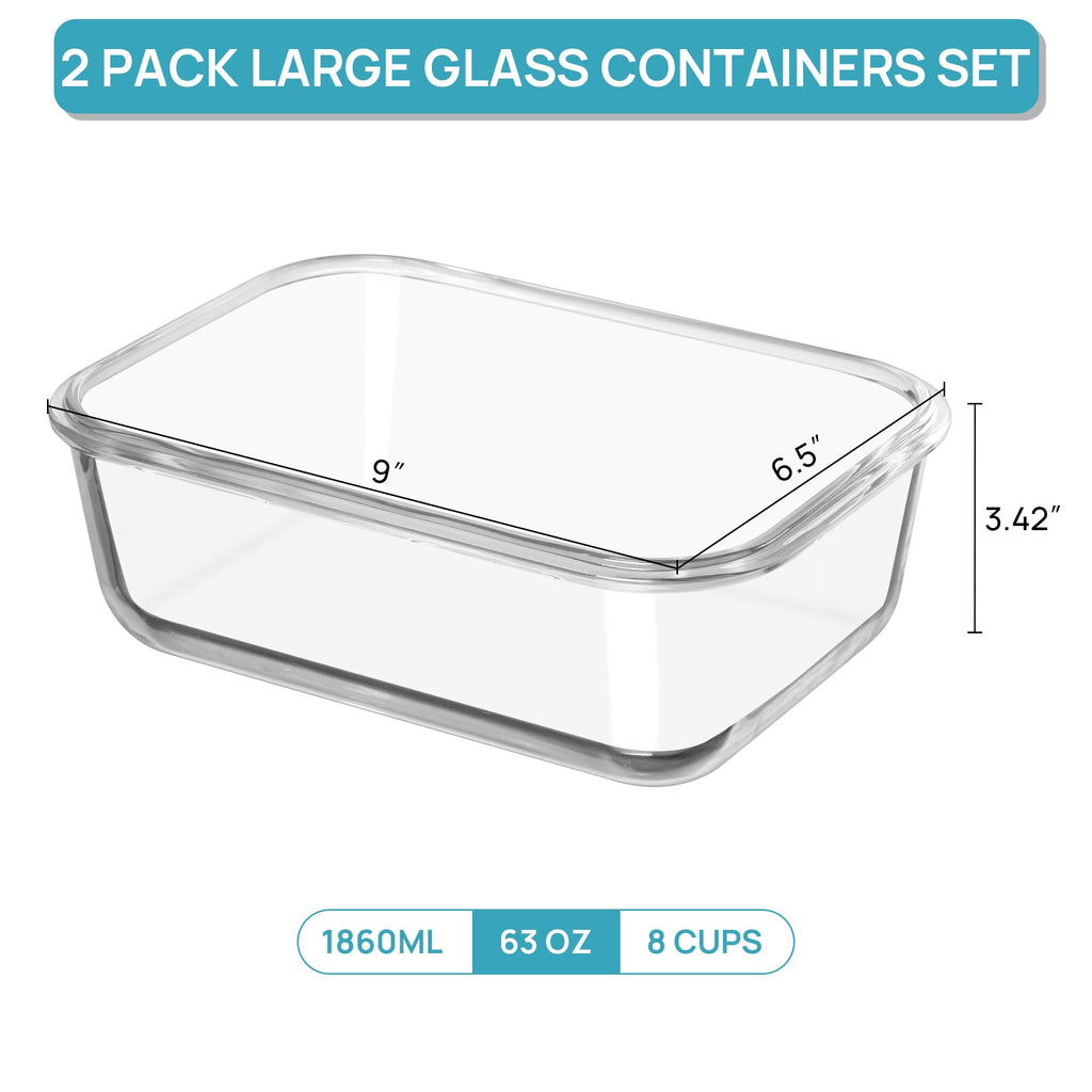 Vtopmart 2Pack 1860ml/63oz Large Glass Storage Containers with Lids, Meal Prep Food Container Set with Snap Airtight Lid for Baking, Microwave, Oven, Leak Proof, for Freezer, Dishwasher, Green