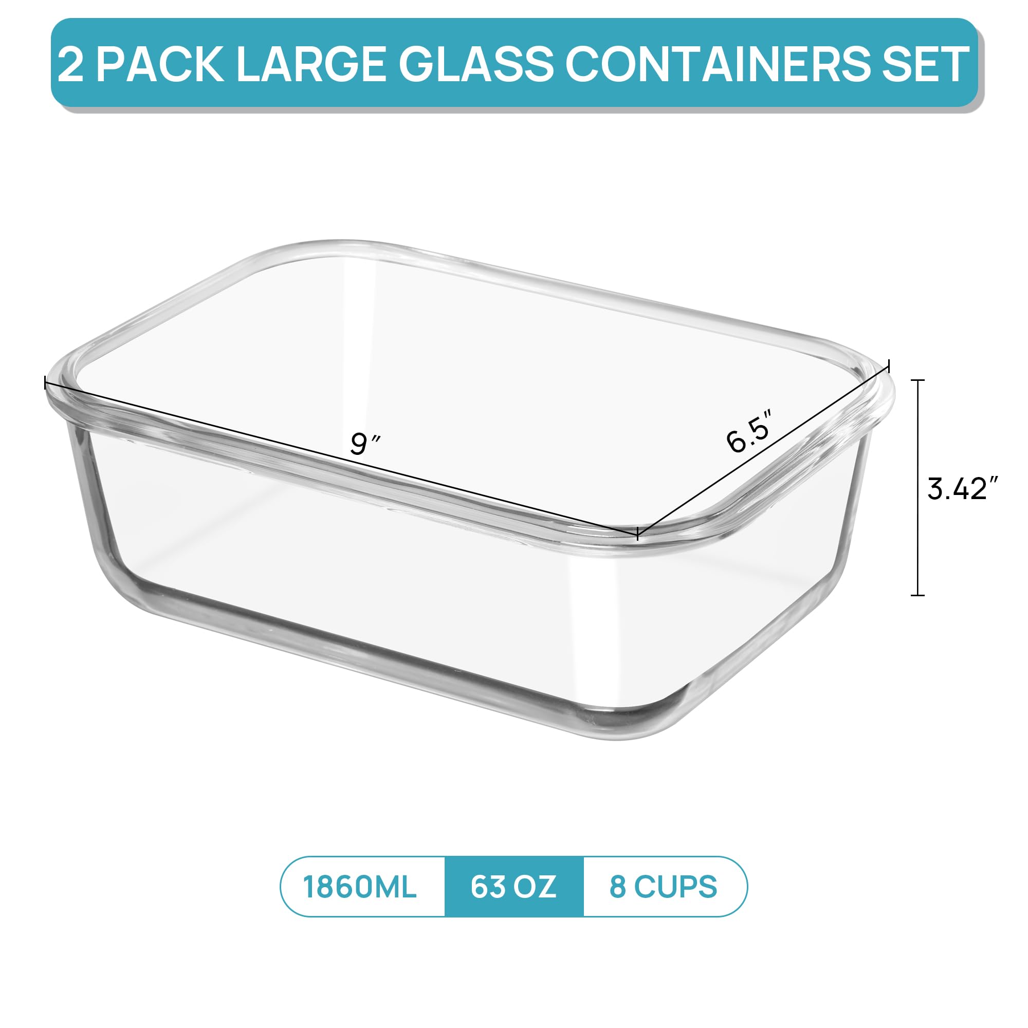 Vtopmart 2Pack 1860ml/63oz Large Glass Storage Containers with Lids, Meal Prep Food Container Set with Snap Airtight Lid for Baking, Microwave, Oven, Leak Proof, for Freezer, Dishwasher, Green