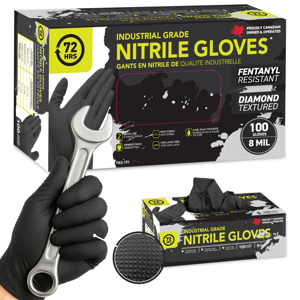 72HRS Industrial Grade 8 Mil Black Nitrile Gloves- Mechanic Gloves, Disposable Rubber Gloves, (Box of 100, Large)
