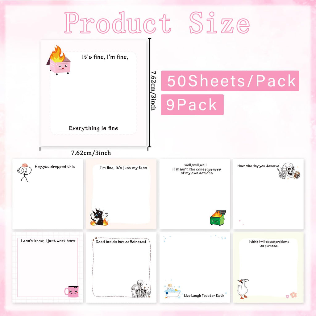 Lovarywow Funny Sticky Notes Gifts - 9 Pack Funny Sticky Notes 3x3 Inch Funny Office Gifts for Coworkers Everything is Fine Post Notes Work Gag Self-Stick Memo Pad Office School Supplies 450 Sheets