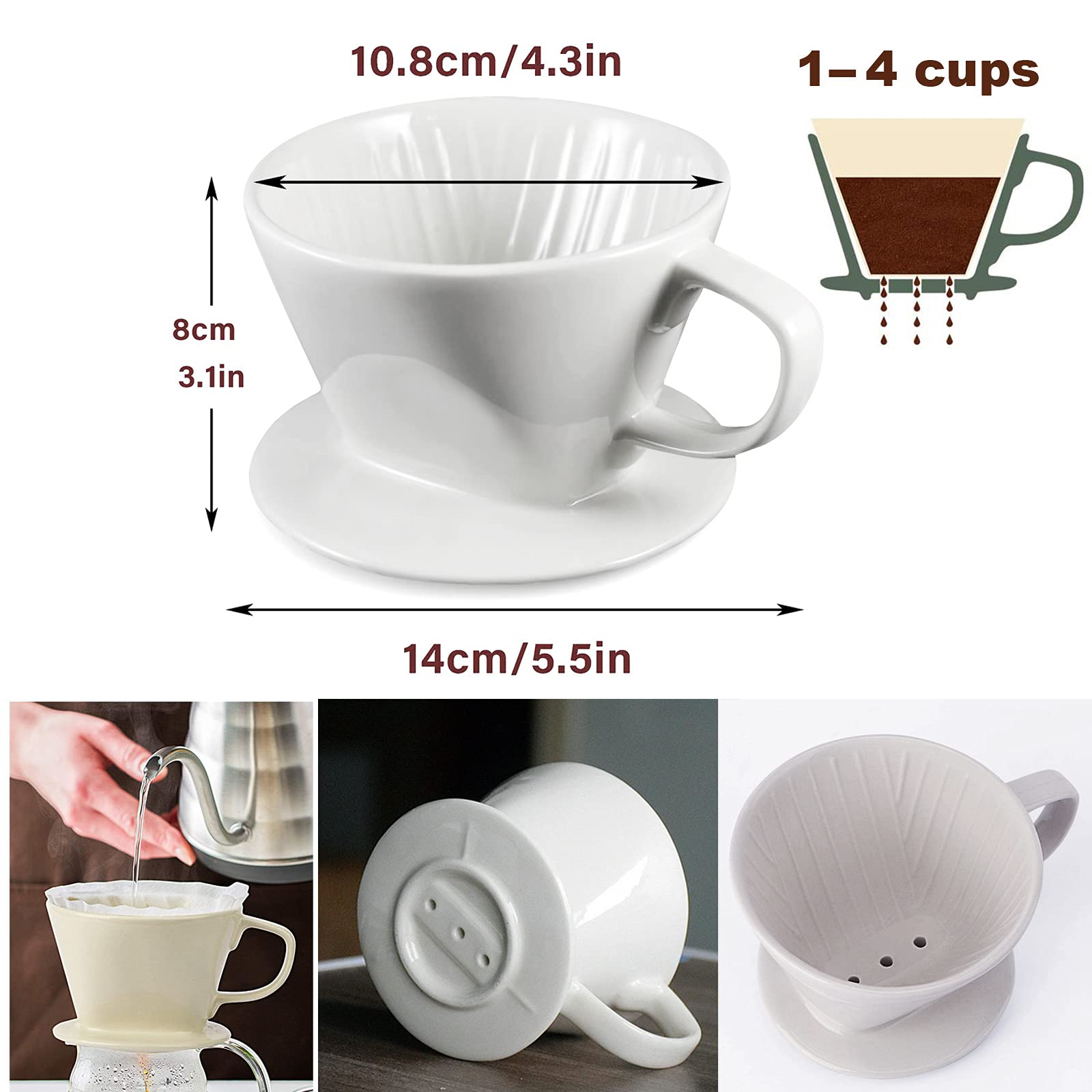 ELEFOCUS Porcelain Coffee Dripper, Filter Cone (White)