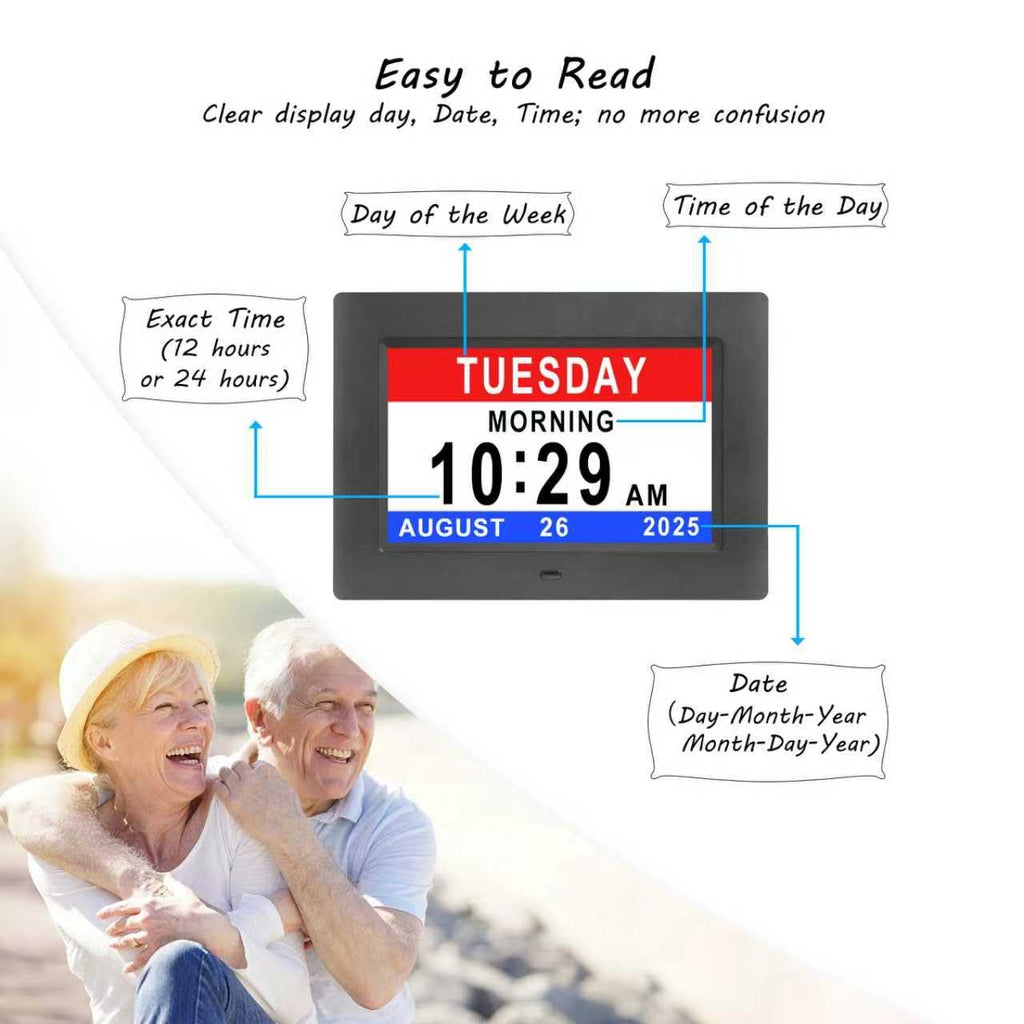Dementia Clocks for Seniors,7 Inch Clock with Day and Date for Elderly,12 Alarms Option,Auto Dimmable,Large Number Digital Clock with Large Display