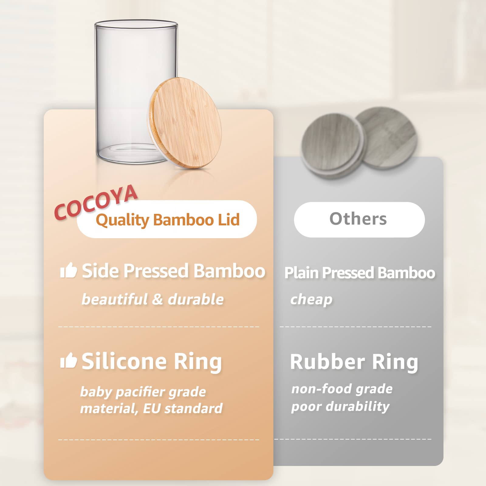 COCOYA 950ml/32oz Glass Jars with Airtight Bamboo Lid, 4-Pack Thick Pantry Storage Canisters, Kitchen Clear Containers Set for Spice Snack Salad Oats Dry Foods Nut Bean Sugar Coffee Tea Candy Cookie
