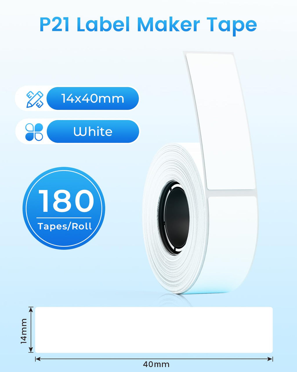 Compatible with NELKO P21 Label Maker Tape, 14x40mm (0.55"x1.57"), Standard Laminated Office Labeling Tape Replace for NELKO P21,NADAIIN N12, ORGBRO X1, ORGSTA S001, 180 Labels/Roll, 8-Rolls, White
