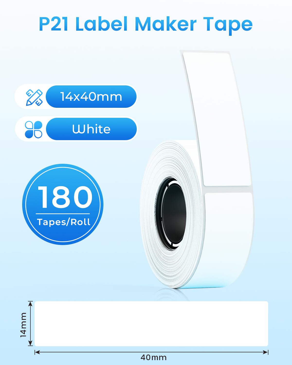 Compatible with NELKO P21 Label Maker Tape, 14x40mm (0.55"x1.57"), Standard Laminated Office Labeling Tape Replace for NELKO P21,NADAIIN N12, ORGBRO X1, ORGSTA S001, 180 Labels/Roll, 8-Rolls, White