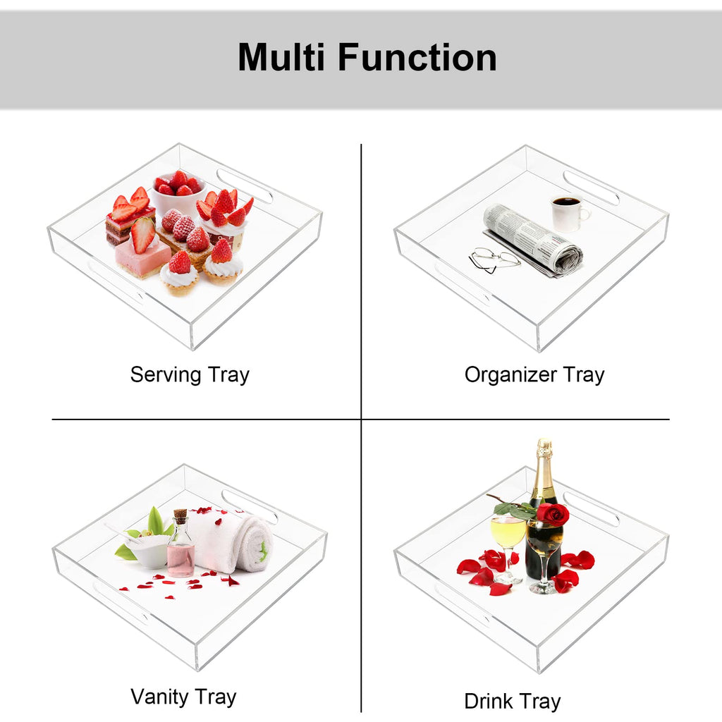 Acrylic Serving Tray 12x12 Inch, Clear Rectangular Tray with Handle, Decorative Ottoman Organizer for Appetizer, Breakfast, Coffee Table, Countertop, Bathroom