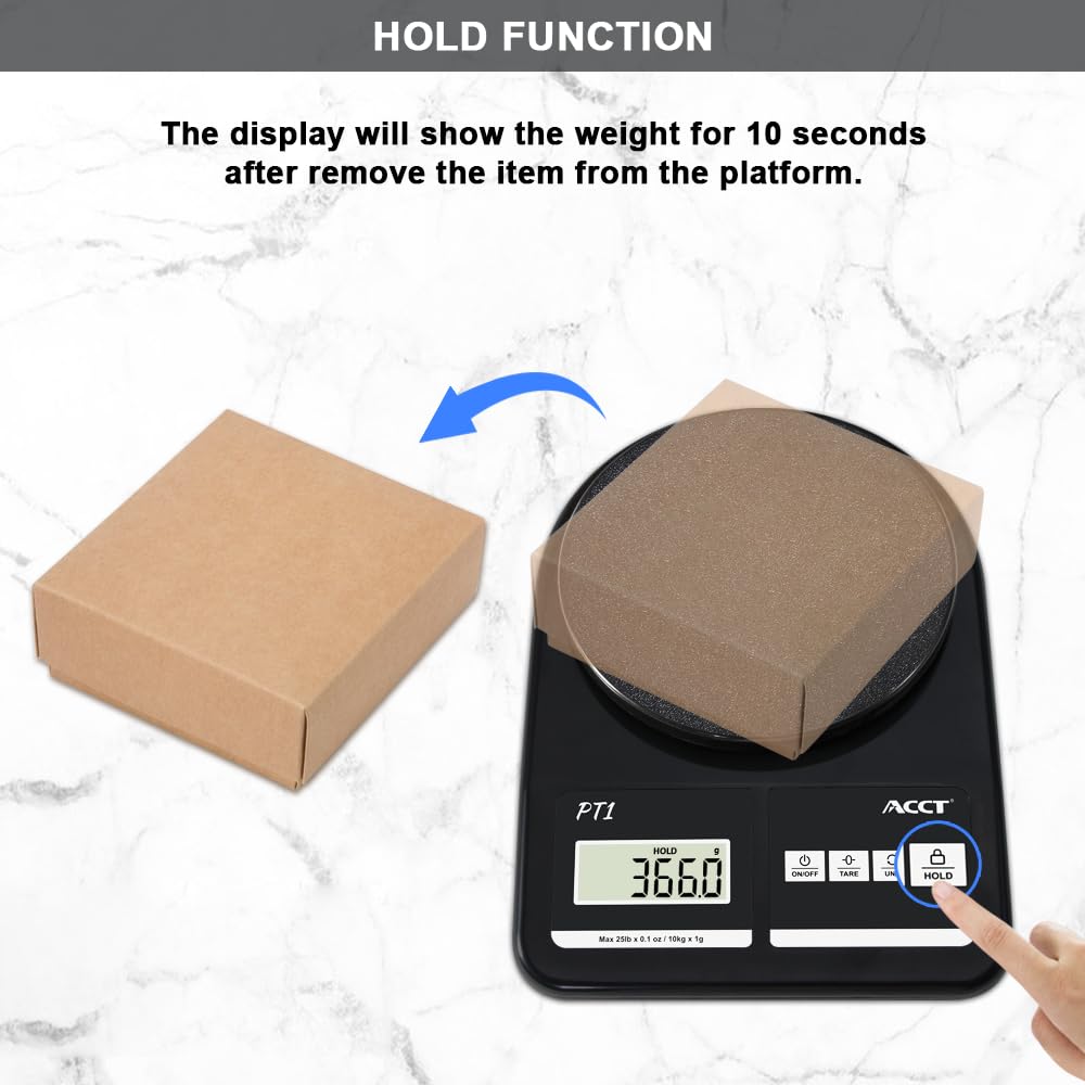 ACCT Postal Scale, 25lb-0.1oz High Accuracy, Shipping Scale for Office/Small Business/Mail/Envelope, 5 Units, Hold Function, Postage Scale with Battery