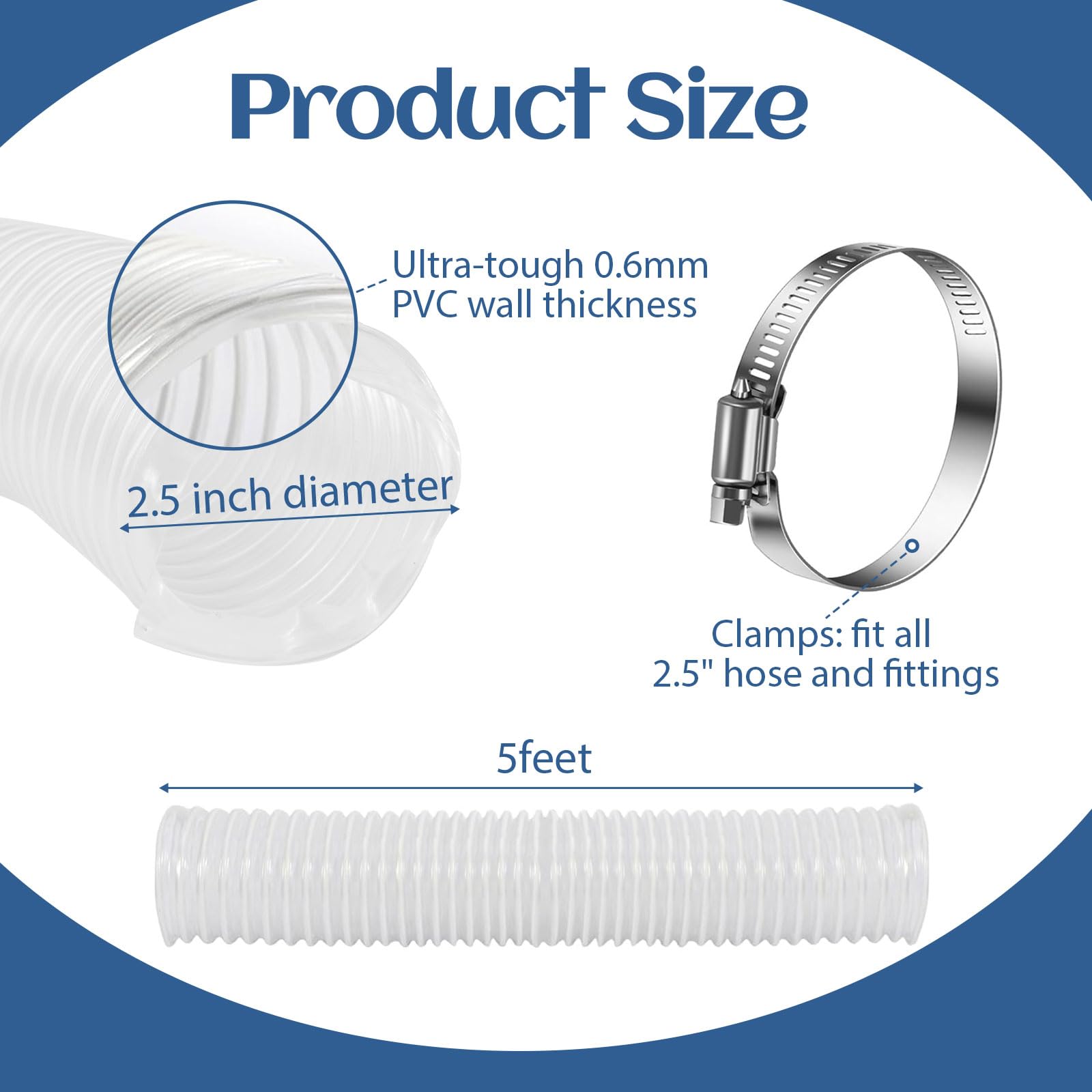 2 1/2" x 5' Flexible PVC Dust Collection Hose, Heavy Duty Fume Collection Hose with Carbon Steel Wire Coil, Vacuum Accessories for Workshop & Home