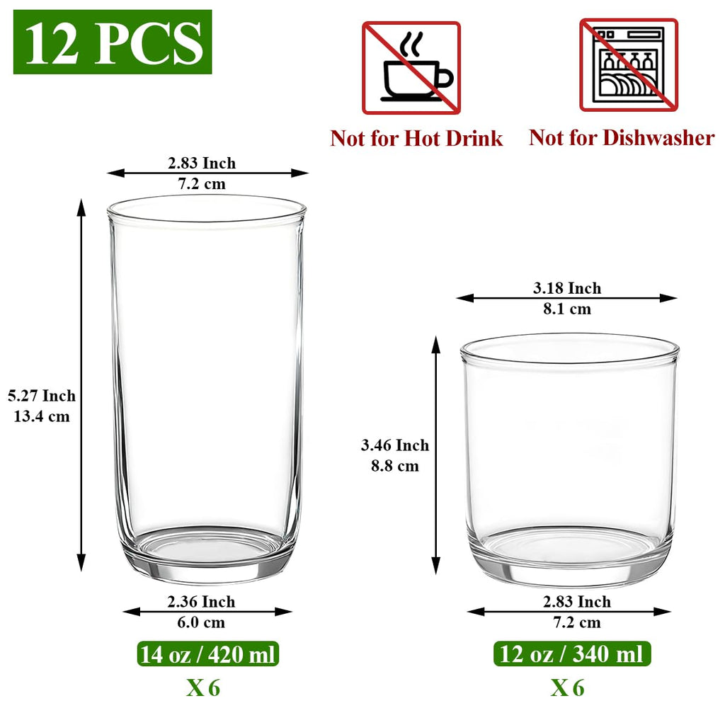 Kyraton Drinking Glasses Set of 12, PET Clear Plastic Highball Glasses 420ml & Whisky Cocktail Glasses Set 340ml, Heavy Duty Unbreakable Water Glasses Cup Tumbler Glassware for Beer, Juice, Milk