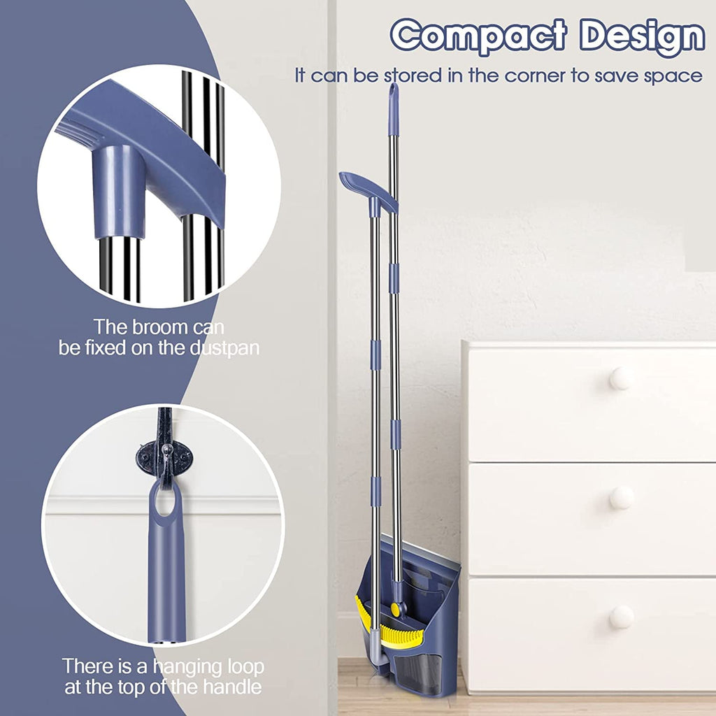 Almcmy Broom and Dustpan Set for Home, Long Handle Broom Dustpan Combo, Foldable Dustpan with Comb Teeth, Standing Broom and Dustpan Set for Home Kitchen Lobby Indoor Floor Cleaning (Navy Blue)