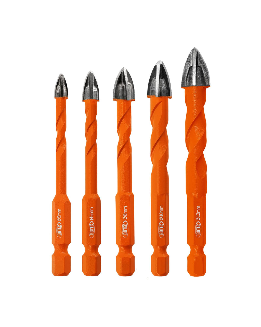 BGTEC Diamond Cemented Carbide Drill Bits Masonry Drill Bits, 5pcs Quick-fit Shank 5/6/8/10/12MM Cross Spiral Hard Alloy Drill Bit for Wood Plastic Masonry Ceramic Tile Concrete Marble