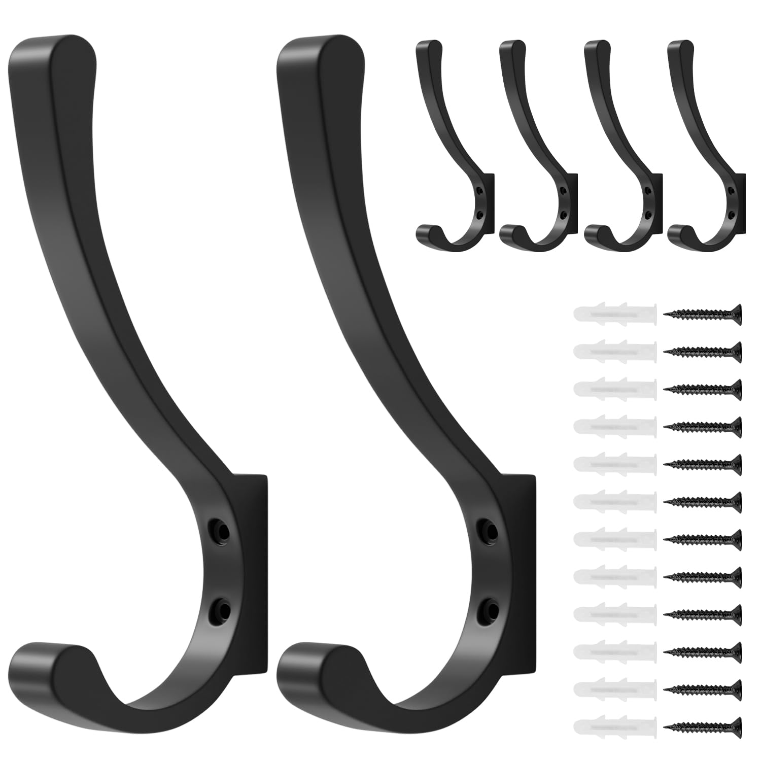6 Pack Large Heavy Duty Coat Hooks, Black, Screw in Metal Wall Hooks for Hanging Coats, Backpacks, Purses