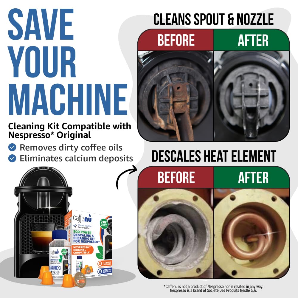 Nespresso Compatible Descaling Kit & Cleaning Pods. 2 Use Descaling Solution & 4 Cleaner Pods. Removes Limescale & Cleans Pod Area. Better Tasting, Hotter Coffee. Nespresso Originaline.