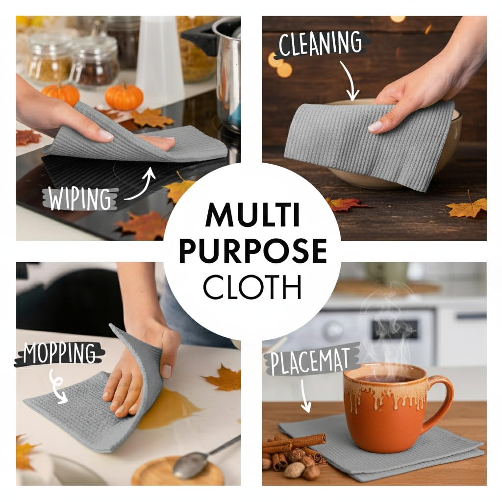 SUPERSCANDI 10 Pack Swedish Dish Cloths for Kitchen - 100% Biodegradable & Compostable | Washable Kitchen Cloths, Food-Safe & Without Plastic - Reusable Paper Towel for Any Surface | Grey