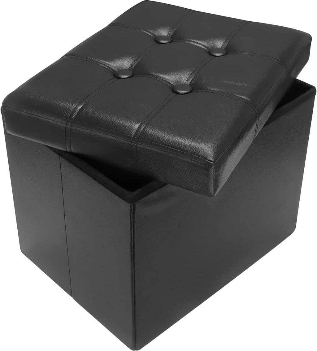 AmasSmile Storage Ottoman Foot Rest Stool, 17 inch Leather Folding Footstool Bench, Short Ottoman Stool, Black Storage Foot Rest Store, Books (Black, 33D x 43W x 33H cm)