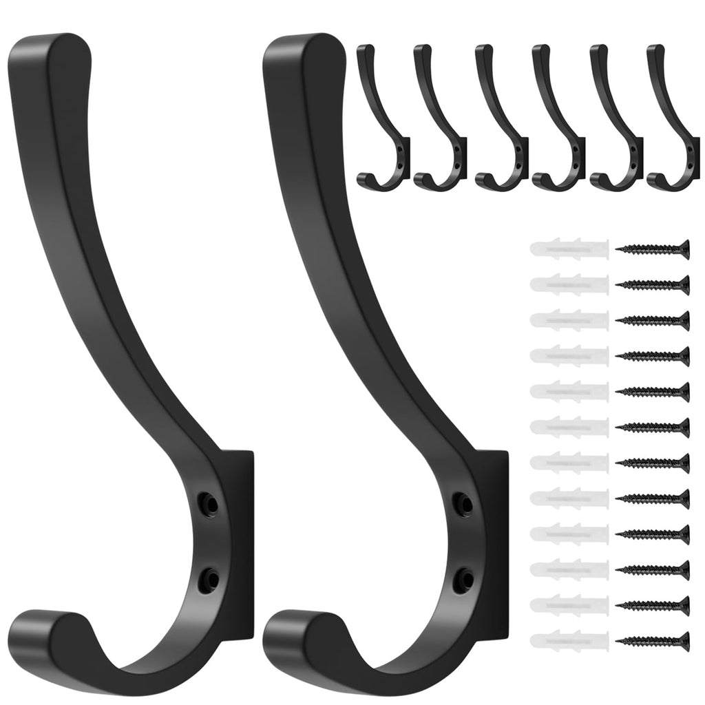 8-Pack Heavy Duty Wall Hooks - Black Coat Hanger Hooks, Screw in, Metal, for Hanging Coats, Backpacks, Purses