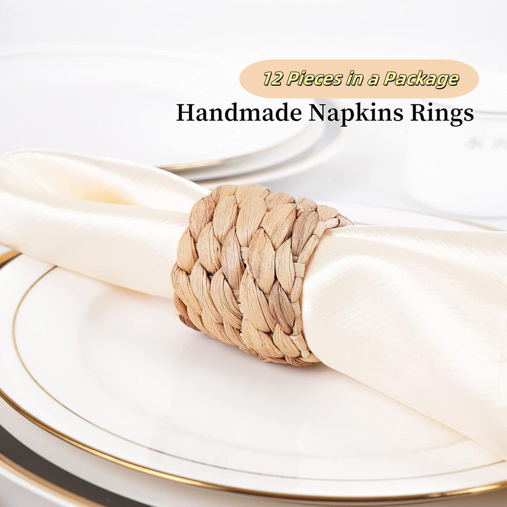 12 pcs Woven Napkin Rings， Napkin Rings Table Decor Handmade by Natural Water Hyacinth， Fall Farmhouse Napkin Rings for Christmas, Wedding Table Decoration
