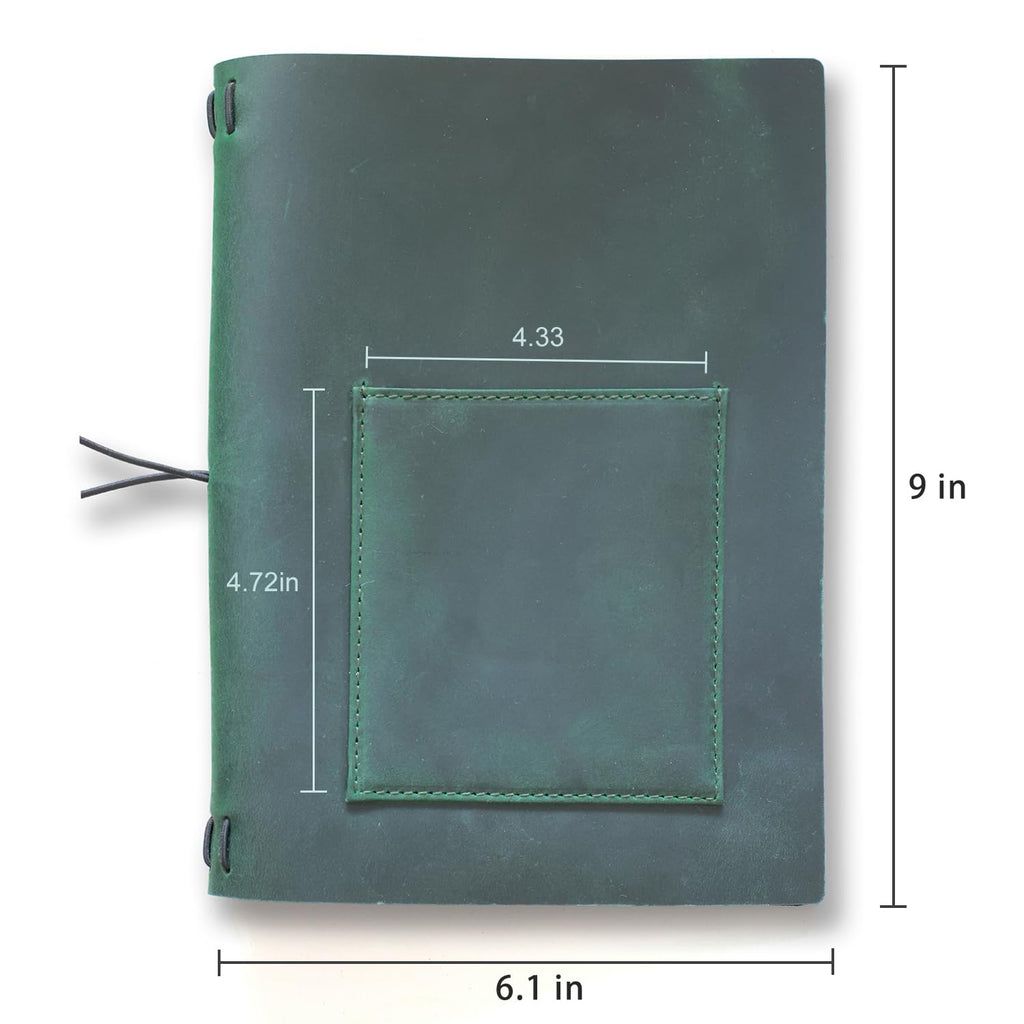 KISSKI Vintage Leather Notebook Journal, Refillable A5 Travelers Notebook Cover with Pen/Phone Pocket, 6x9 in, Writing Diary Cover/Daily Notepad for 5.5x8.5 Paper, Handmade Gift for Women/Men, Green