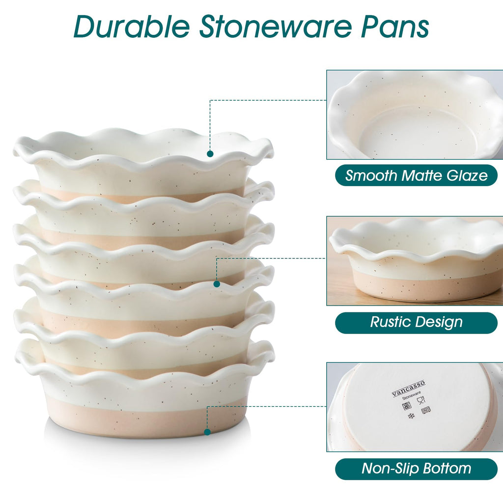 vancasso Sabine Mini Pie Pans Set of 6, 5.2 Inch Ceramic Small Pie Dish, Individual Pie Plates Ramekins with Ruffled Edge for Chicken Pot Pie, Cake, Quiche, Tart, Microwave & Oven Safe, Cream Colored
