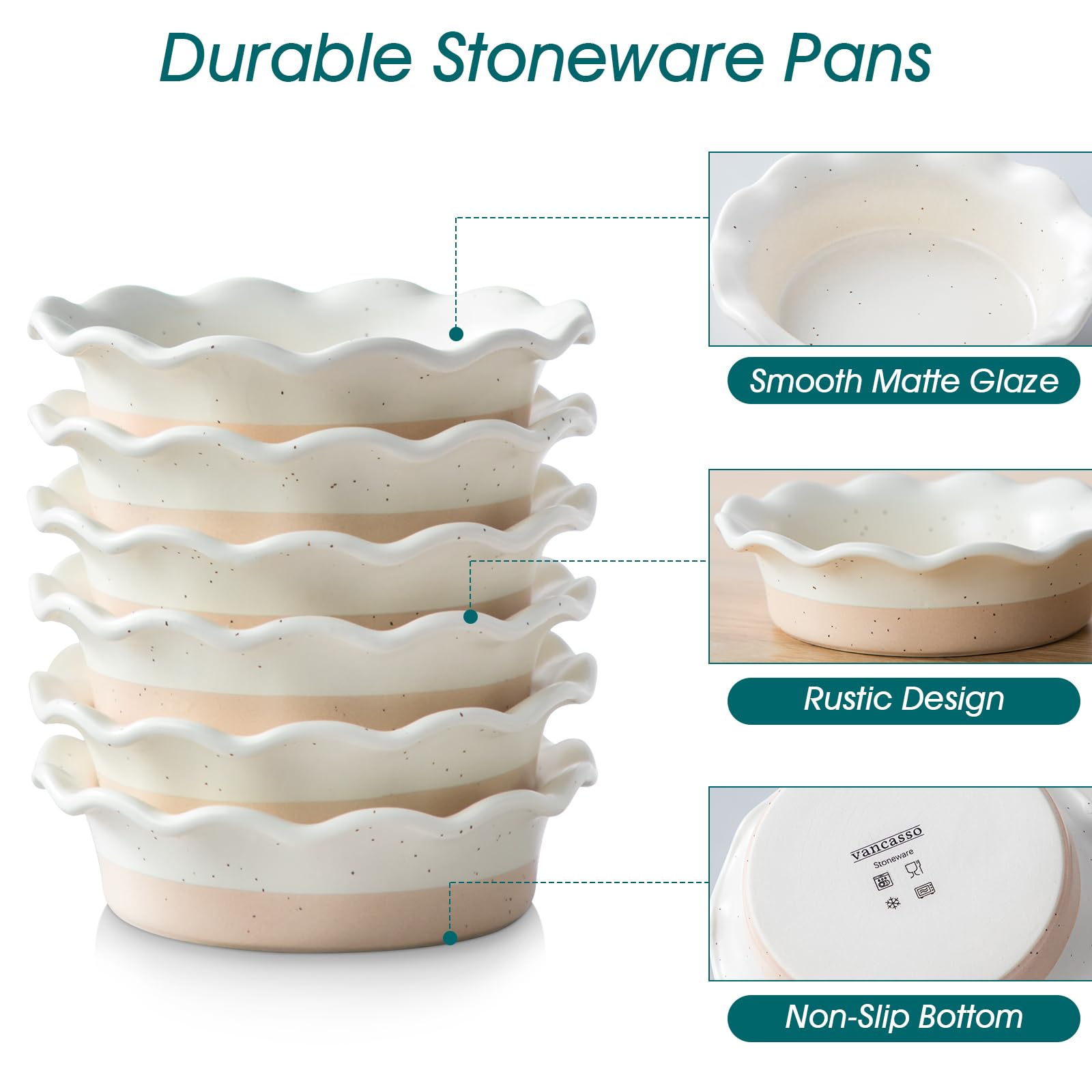 vancasso Sabine Mini Pie Pans Set of 6, 5.2 Inch Ceramic Small Pie Dish, Individual Pie Plates Ramekins with Ruffled Edge for Chicken Pot Pie, Cake, Quiche, Tart, Microwave & Oven Safe, Cream Colored