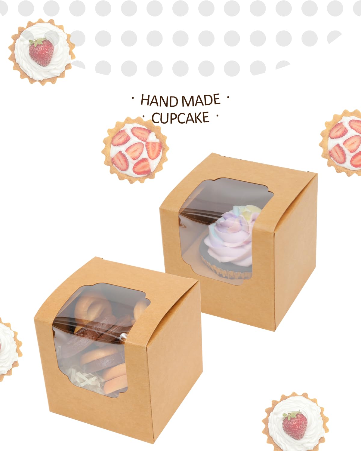 qiqee Brown Cupcake Boxes Individual Cupcake Container 100pcs 3.5" x 3.5" x 3.5" Auto-Pop up Single Cupcake Boxes (100 Boxes+100 Inserts)