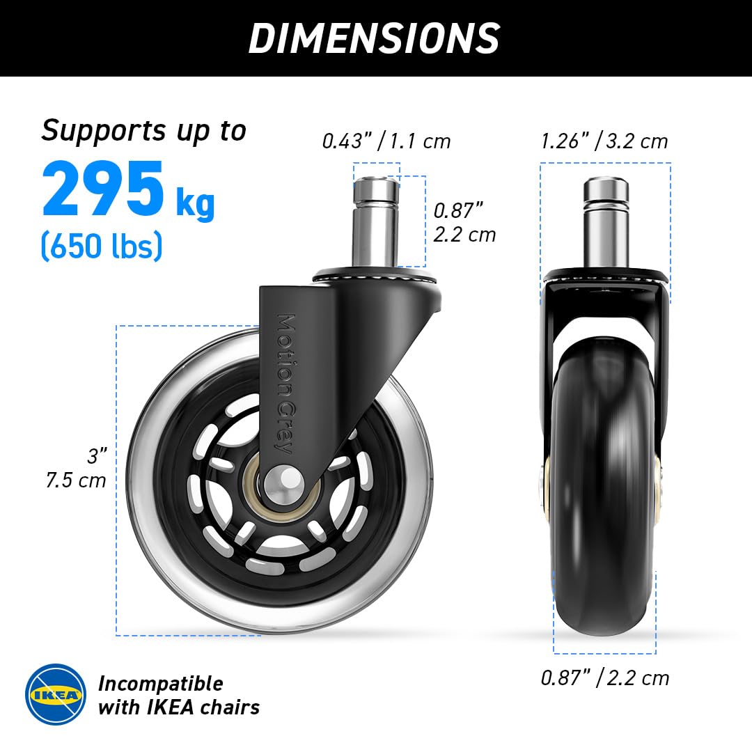 MotionGrey - Rollerblade Office Chair Wheels Replacement for Hardwood Floors, Chair Casters Replacement, Heavy Duty Desk Chair Wheels for Replacing Chair Mat, Rollerblade Casters (1 Set)
