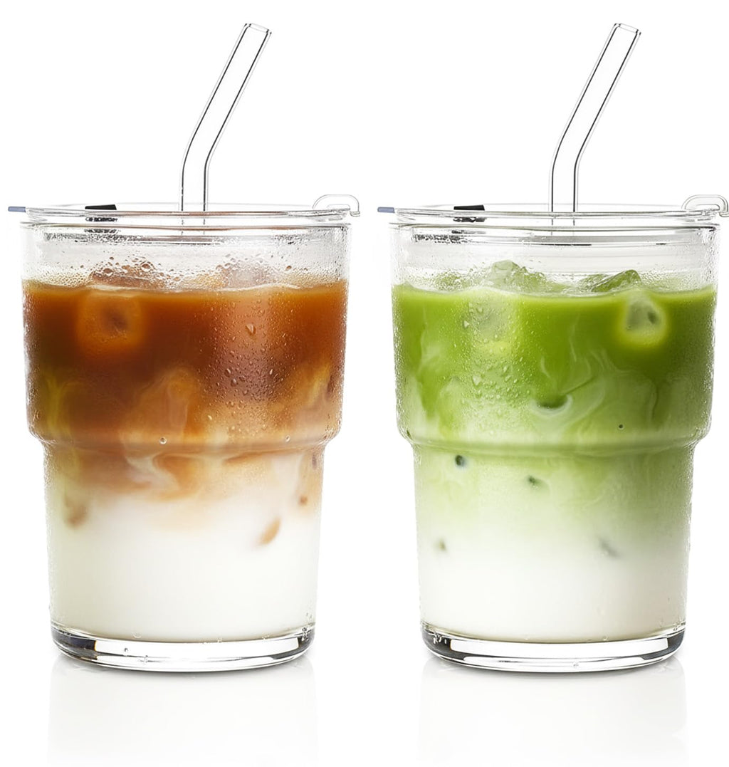 14oz Iced Coffee Cup, 4 Pack Glass Tumblers with Straws and Lids, Small Glass Matcha Cups, Reusable Thickened Glassware Set for Iced Tea, Soda, Smoothies, Cocktails