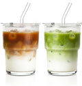 14oz Iced Coffee Cup, 4 Pack Glass Tumblers with Straws and Lids, Small Glass Matcha Cups, Reusable Thickened Glassware Set for Iced Tea, Soda, Smoothies, Cocktails
