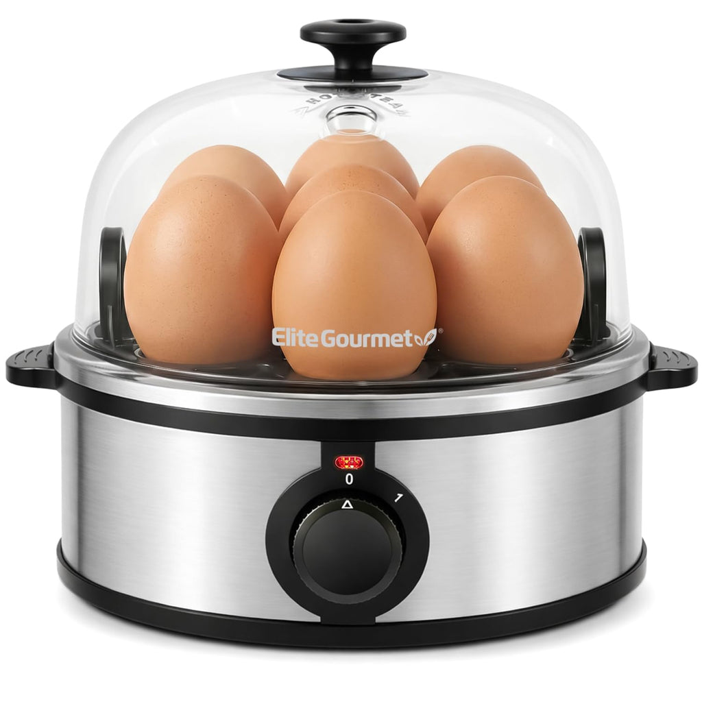 Elite Gourmet EGC648 Rapid Egg Cooker, 7 Easy-To-Peel, Hard, Medium, Soft Boiled Eggs, Poacher, Omelet Maker, Auto Shut-Off, Alarm, 16-Recipe Booklet, BPA-Free, Stainless Steel