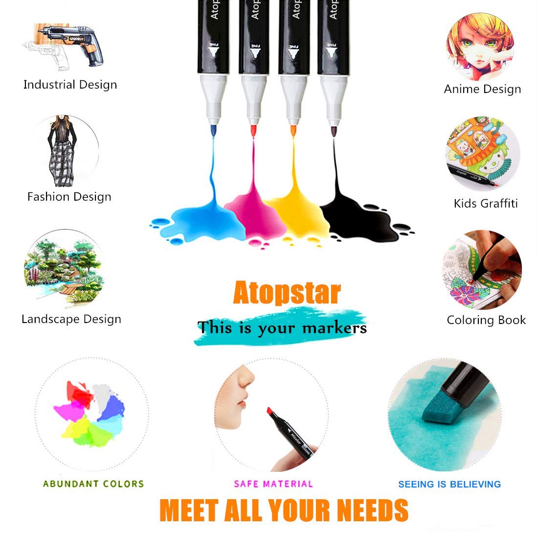 ATOPSTAR 80 Colors Alcohol Markers Artist Drawing Art Markers Dual Tip Markers for Adult Coloring Painting Supplies Perfect for Adult Students Gift(80 Black Shell)