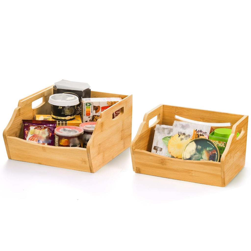 Cididu 2 Pack Bamboo Stackable Storage Bin, Countertop Open Front Stacking Bins, 2 Tier Organize Basket Box with Handle, Food Fruit Container for Cabinet, Kitchen, Studio, Office